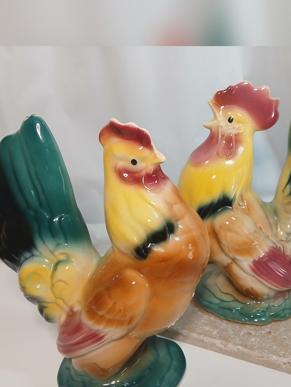 Pair of MCM Vintage ROYAL COPLEY Rooster & Hen Ceramic Figurines Colorful Glossy